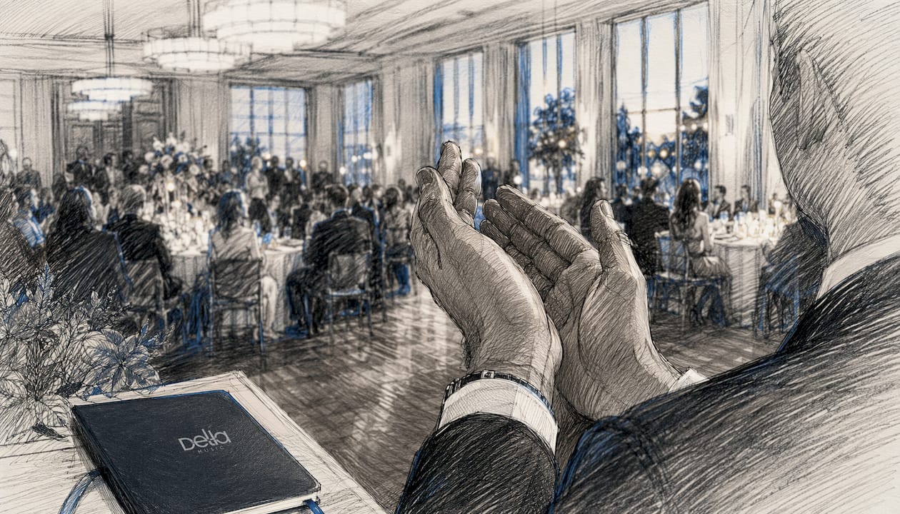 Eine Hand klatscht im festlich geschmückten Saal Beifall.