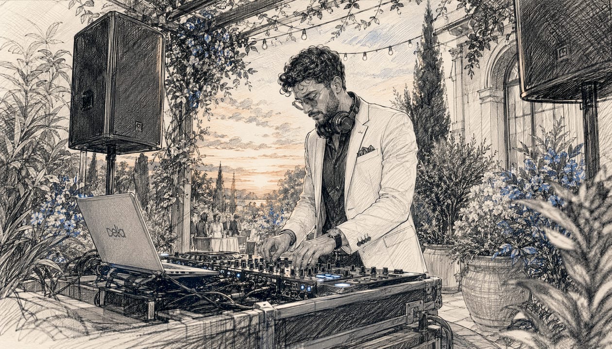 Das DJ-Pult wurde in der entspannten Atmosphäre eines festlich geschmückten Hochzeitsraums fotografisch festgehalten.