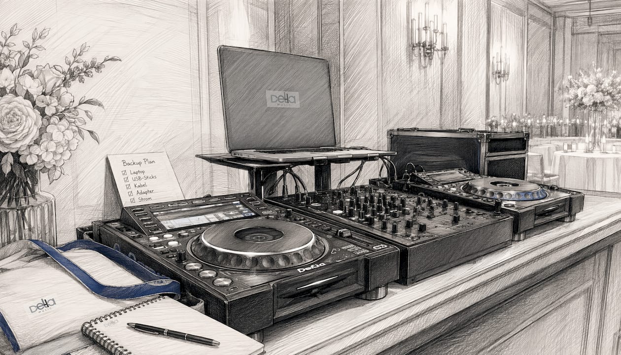 Ersatz-Setup für den DJ: Backup-Equipment griffbereit auf dem Tisch