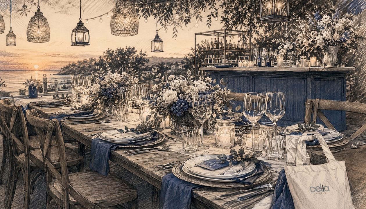 Stilvolles Hochzeitsdinner in festlicher Atmosphäre mit unaufdringlicher musikalischer Begleitung