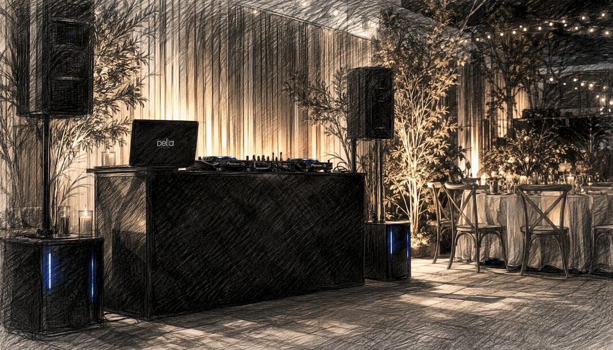 DJ-Technik mit bunter Partybeleuchtung – ganz ohne Menschen im Bild