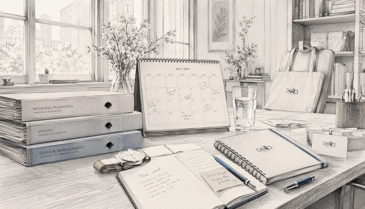 Der Arbeitsplatz eines Hochzeitsplaners: Ein Schreibtisch voller Notizen, ein Kalender für die Terminplanung und jede Menge kreative Ideen.
