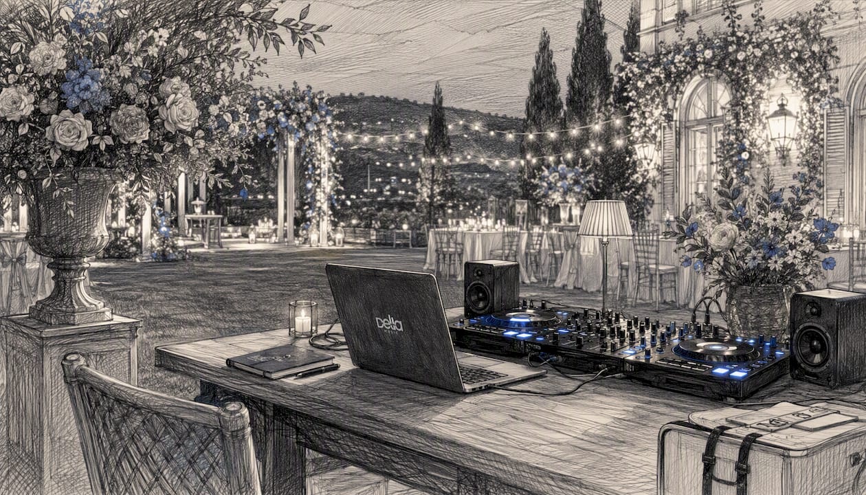 DJ-Equipment für Hochzeiten mit stimmungsvoller, warmer Beleuchtung