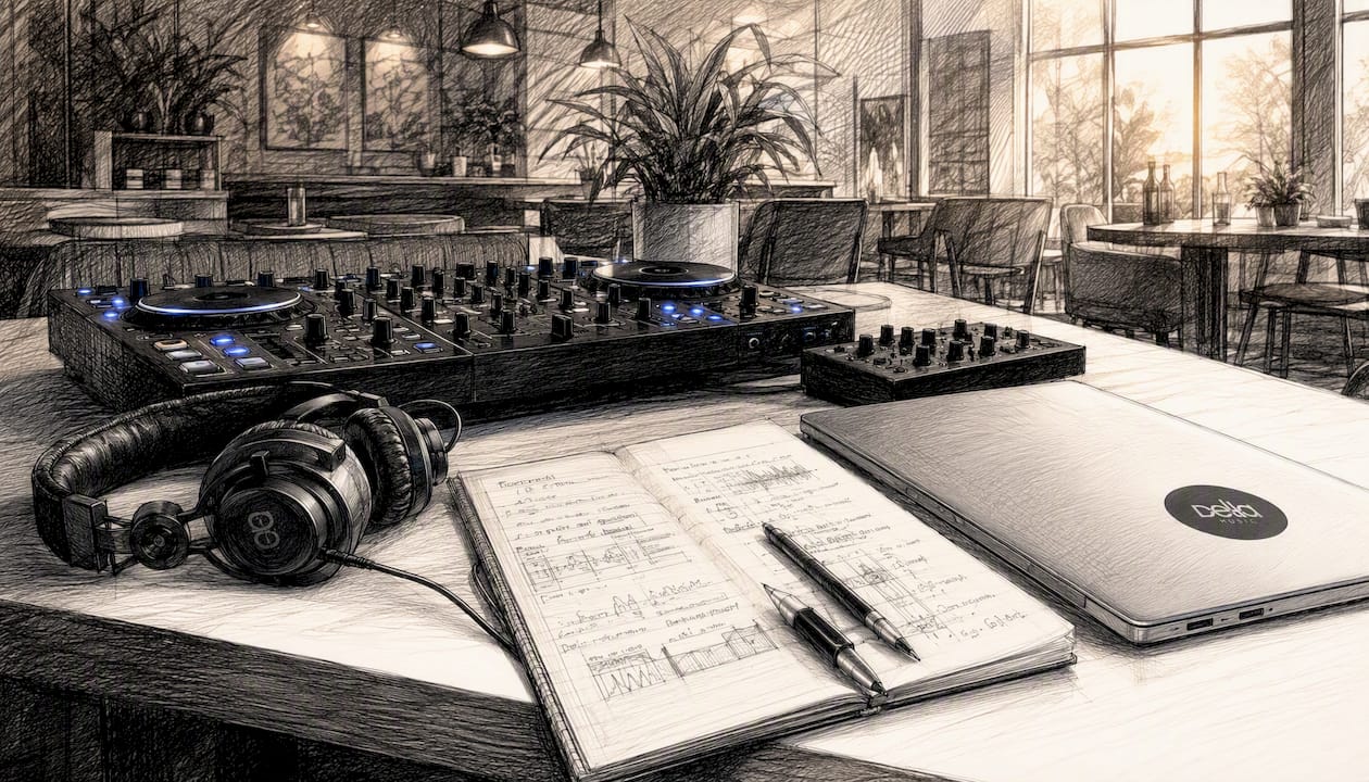 Auf dem Schreibtisch steht professionelles DJ-Equipment, bereit für den nächsten Mix.