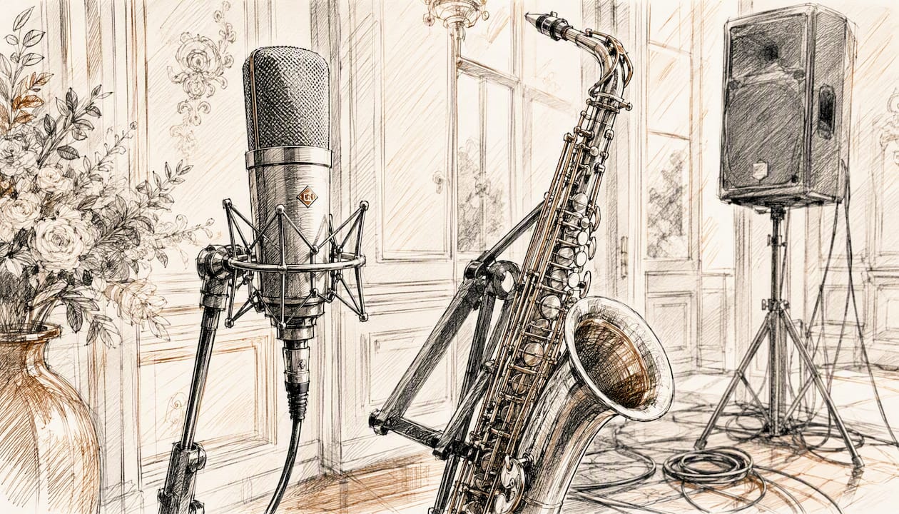 Detailaufnahme eines Saxofon-Mikrofons und der PA-Anlage bei einer Hochzeitsfeier