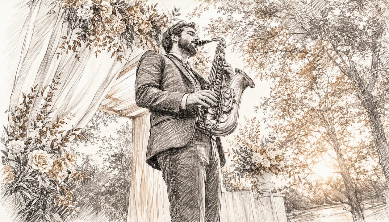 Ein Saxophonist sorgt direkt neben dem Traubogen für stimmungsvolle Livemusik während der Zeremonie.