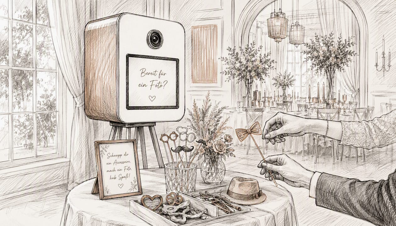 Fotobox-Ecke mit lustigen Accessoires für eure Hochzeit