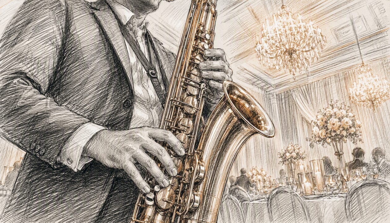 Ein Saxophonist sorgt mit Live-Musik für stimmungsvolle Unterhaltung auf der Hochzeitsfeier.