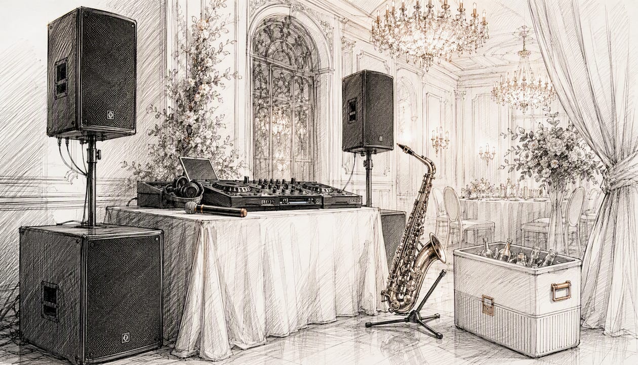 DJ-Pult für Hochzeiten mit Saxophon-Begleitung und professioneller Tontechnik