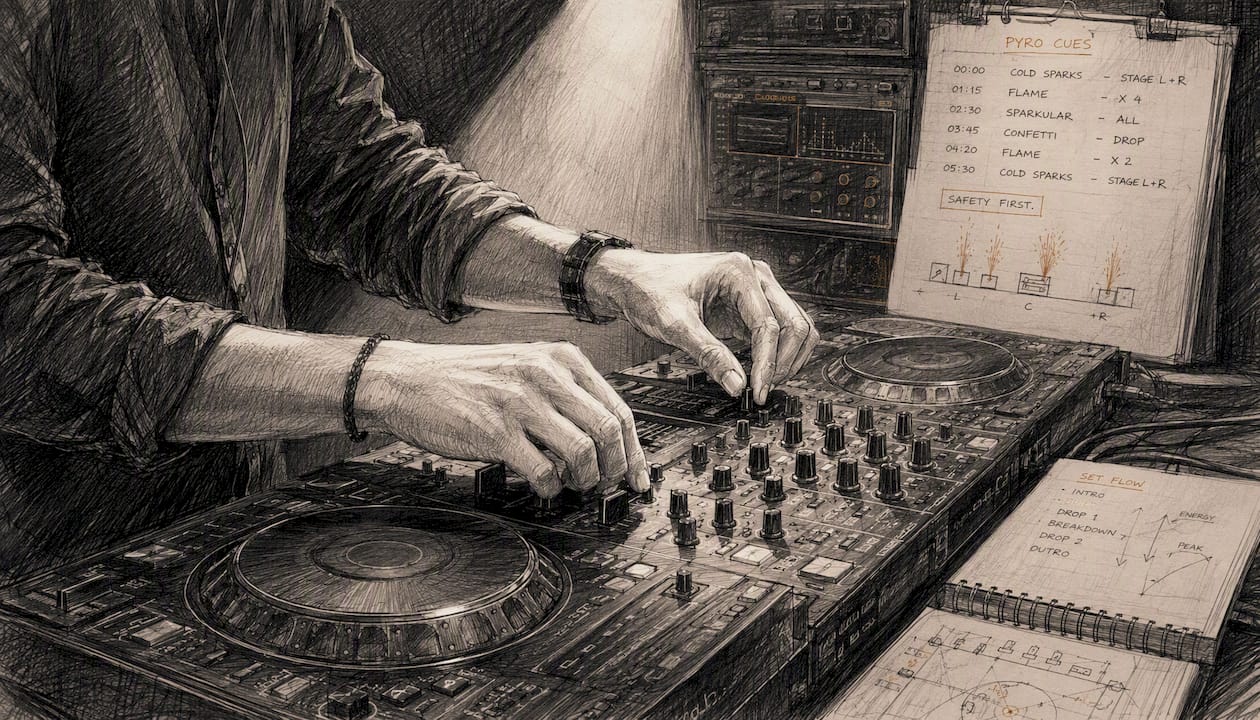 Der DJ stimmt die Musik perfekt auf das Timing des Feuerwerks ab und sorgt mit schnellen Handgriffen am Mischpult für die richtige Atmosphäre.