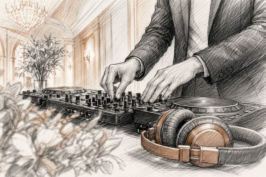 Die Hände des DJs wählen am Mischpult die nächste Playlist aus.
