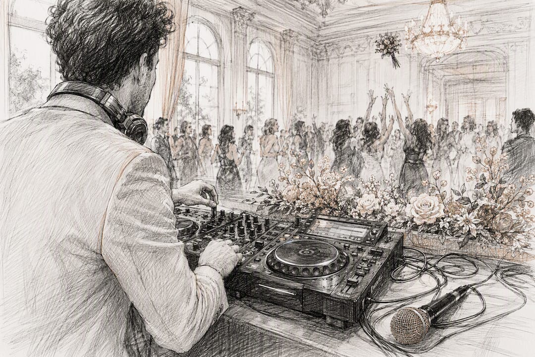 Der DJ sorgt für Stimmung, während der Brautstrauß geworfen wird.