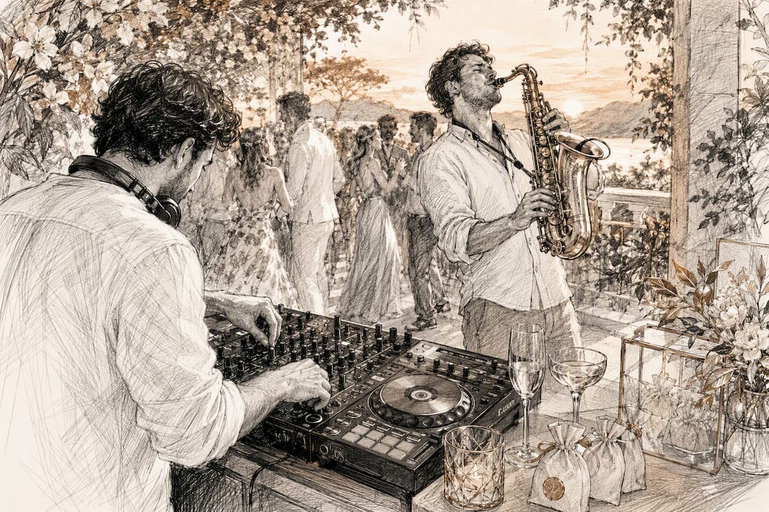 Ein DJ und ein Saxophonist sorgen bei einer Hochzeit mit ihrer Live-Performance für Stimmung und besondere Momente.