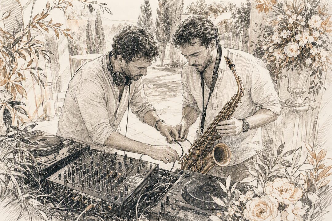 DJ und Saxophonist bereiten die Technik für die Hochzeit vor