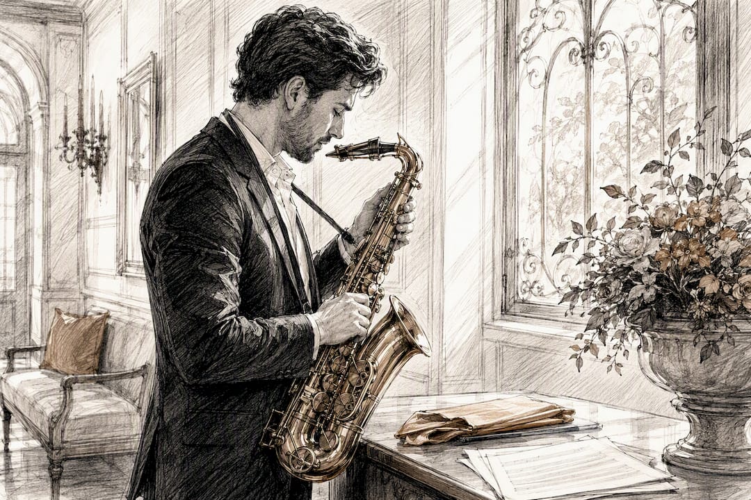 Saxophonist stimmt sein Instrument in einem ruhigen Hochzeitsraum