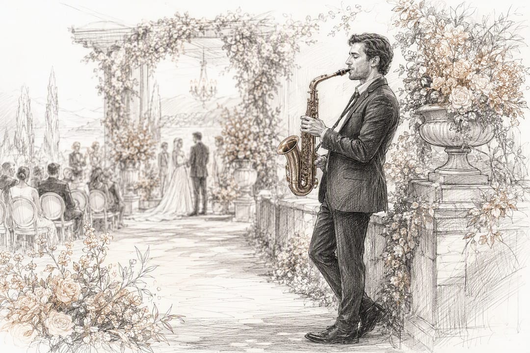 Saxophonist spielt eine sanfte Ballade bei der Hochzeit