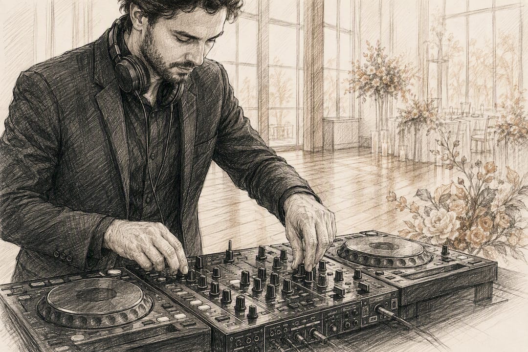 Hände eines DJs, die am Audiomixer Einstellungen vornehmen