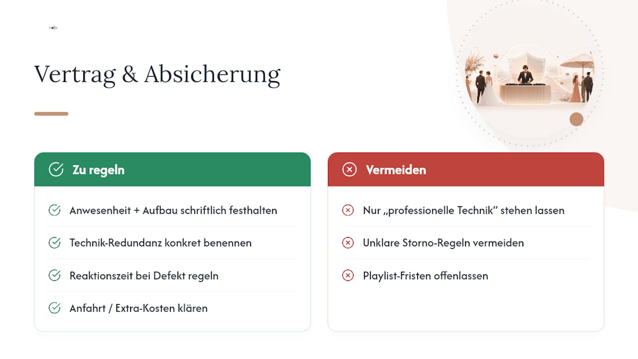 Vertragliche Bedingungen und Absicherung bei Buchung eines Ganztags-DJs — overview diagram
