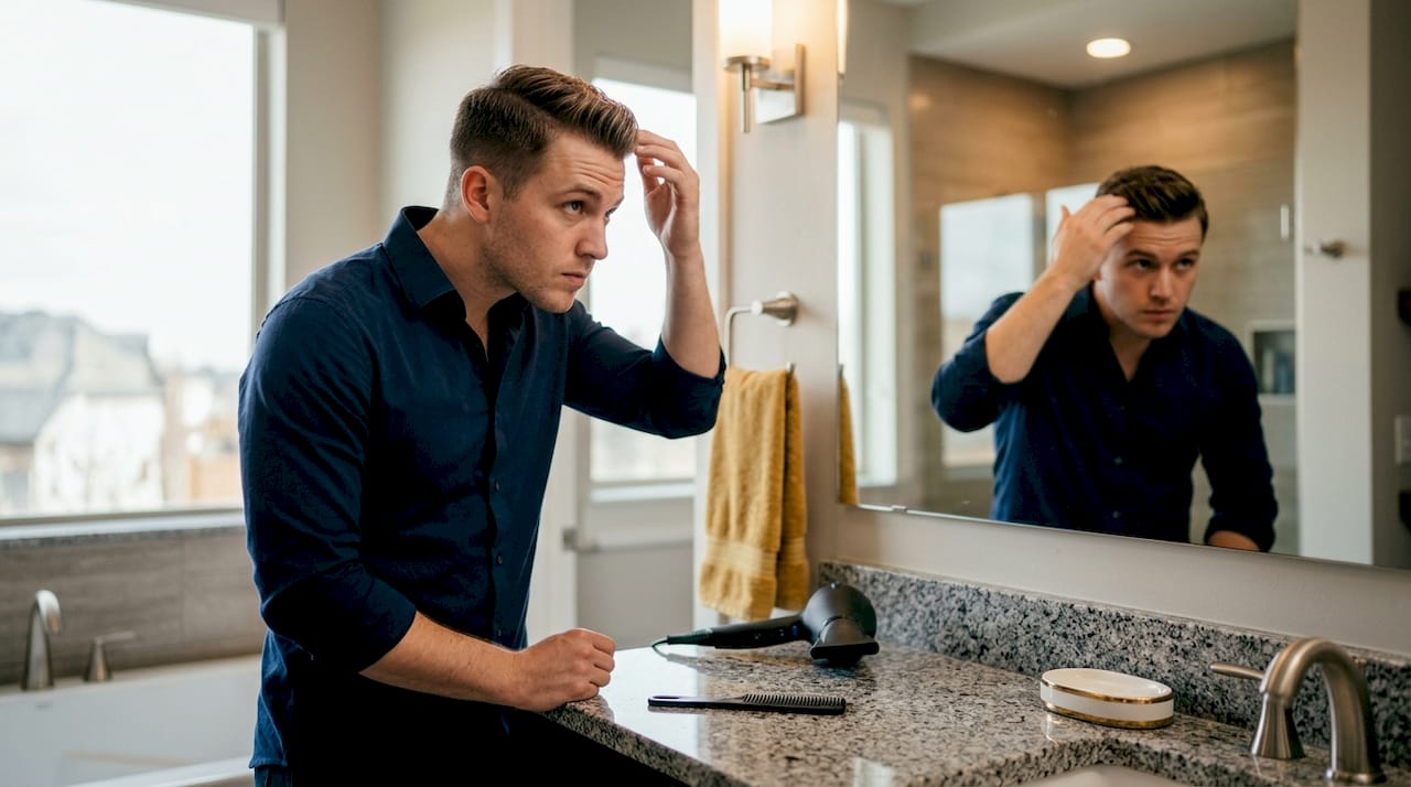 Man applying pomade in bathroom mirror