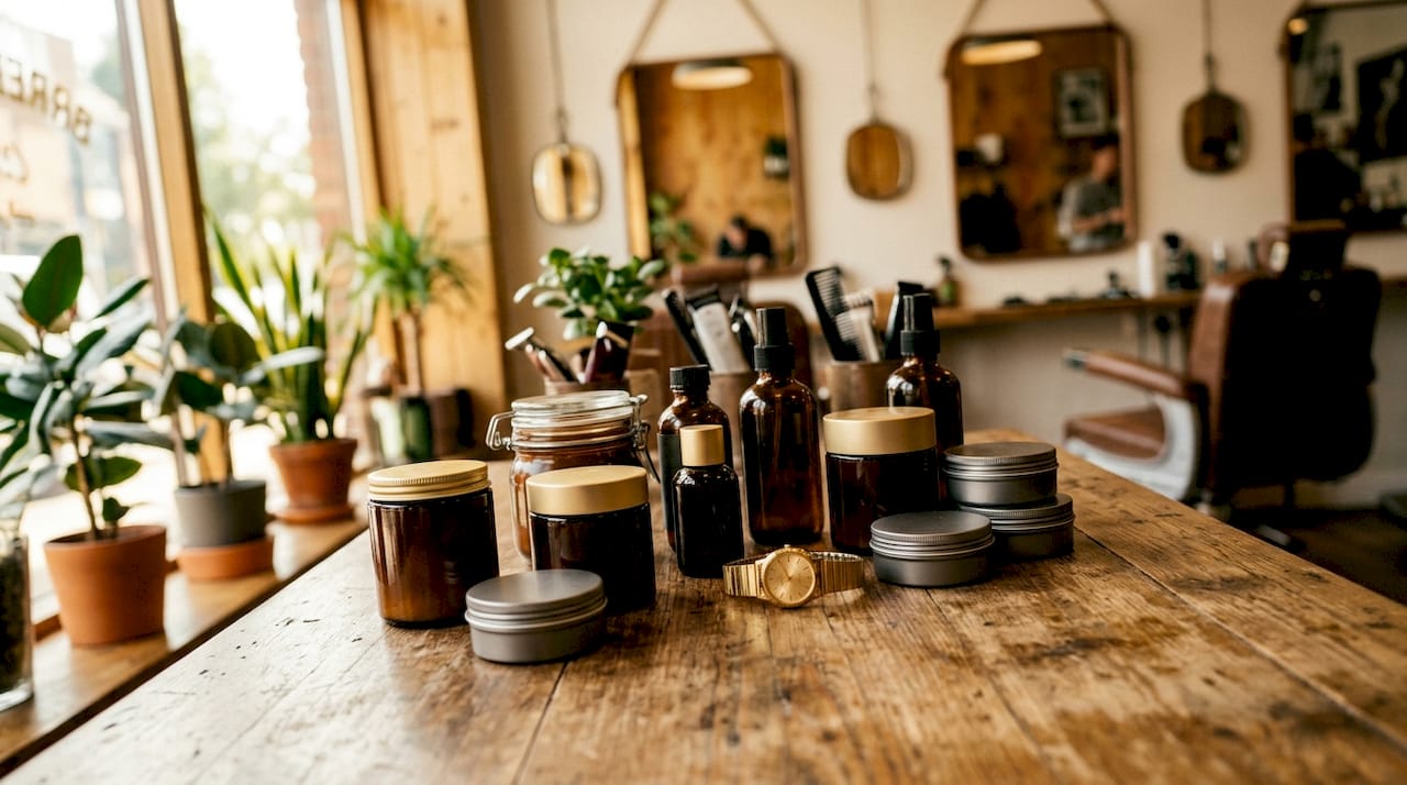 Curated grooming product display on oak shelf