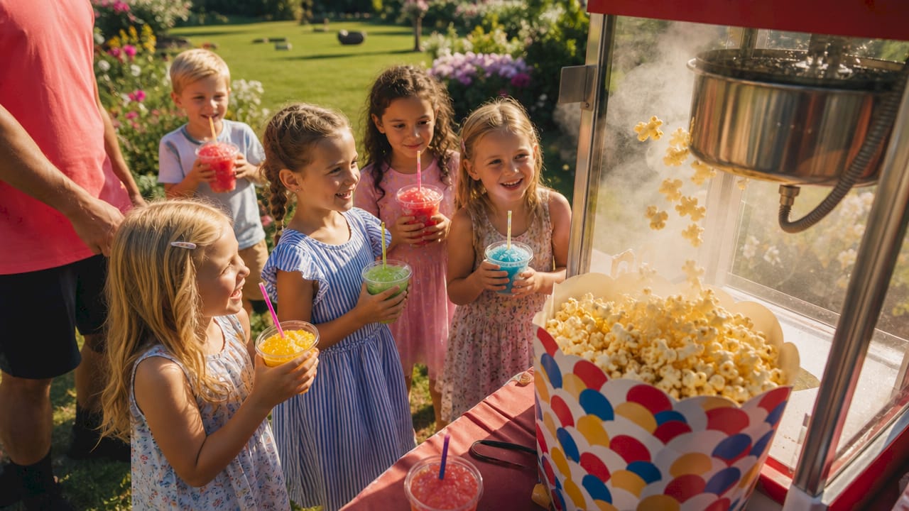 Detaljerad bild på popcornmaskinen och en slushmugg