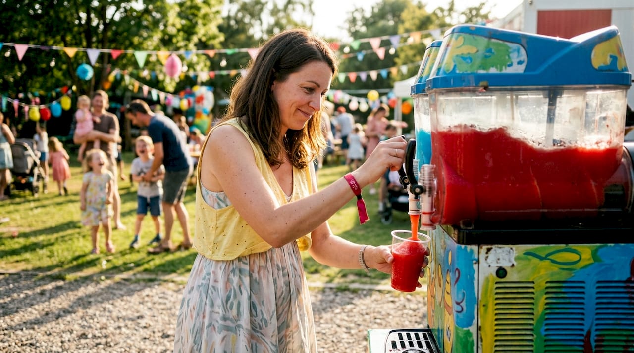 Slush fylls upp i ett glas direkt från maskinen – en närbild på det svalkande ögonblicket.