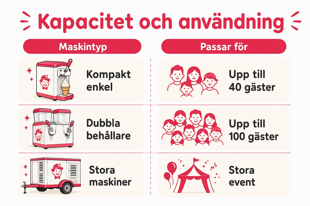 Översiktlig infografik som visar skillnader mellan olika slushmaskiner – jämförelse av kapacitet och användningsområden.