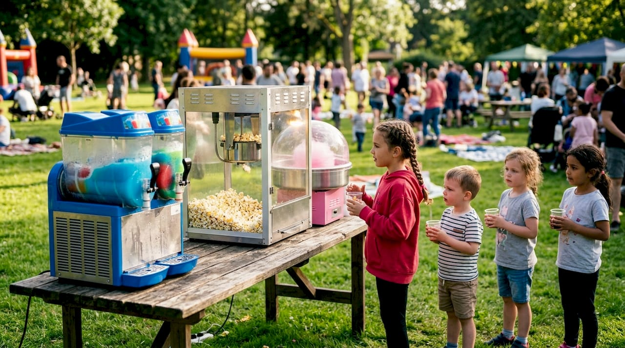 Tre festfavoriter som alltid går hem: popcornmaskin, sockervaddsmaskin och slushmaskin.