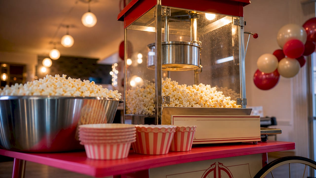 En klassisk popcornvagn står uppställd utomhus och sprider härlig doft av nypoppade popcorn.