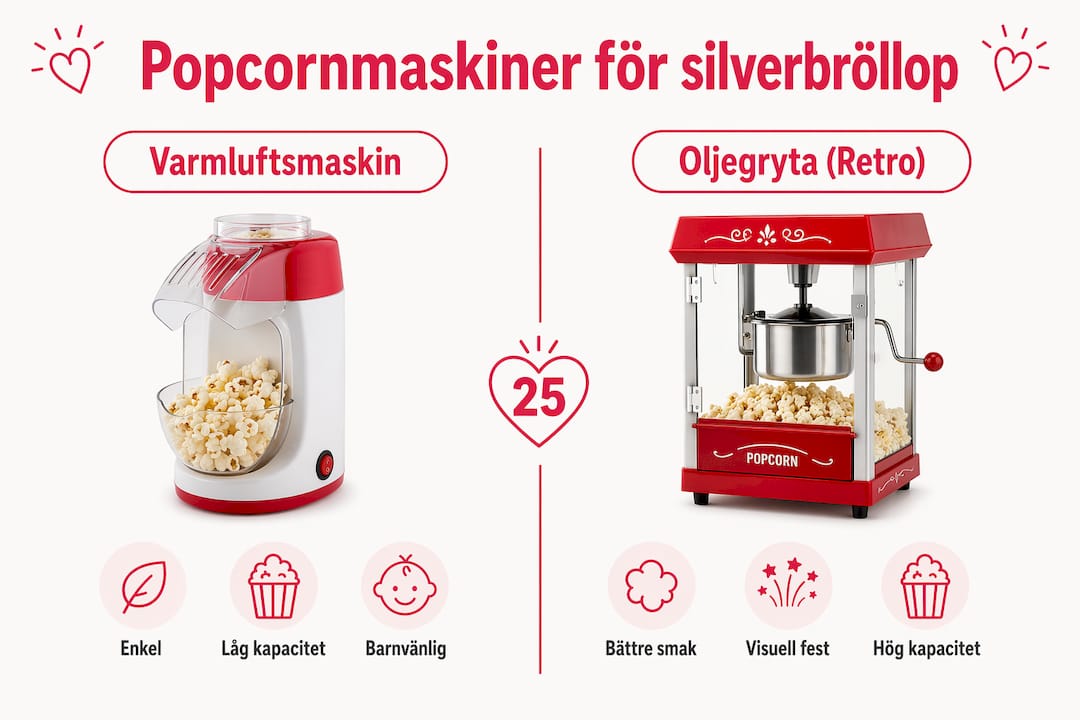 Illustration: Olika sorters popcornmaskiner till silverbröllopsfesten