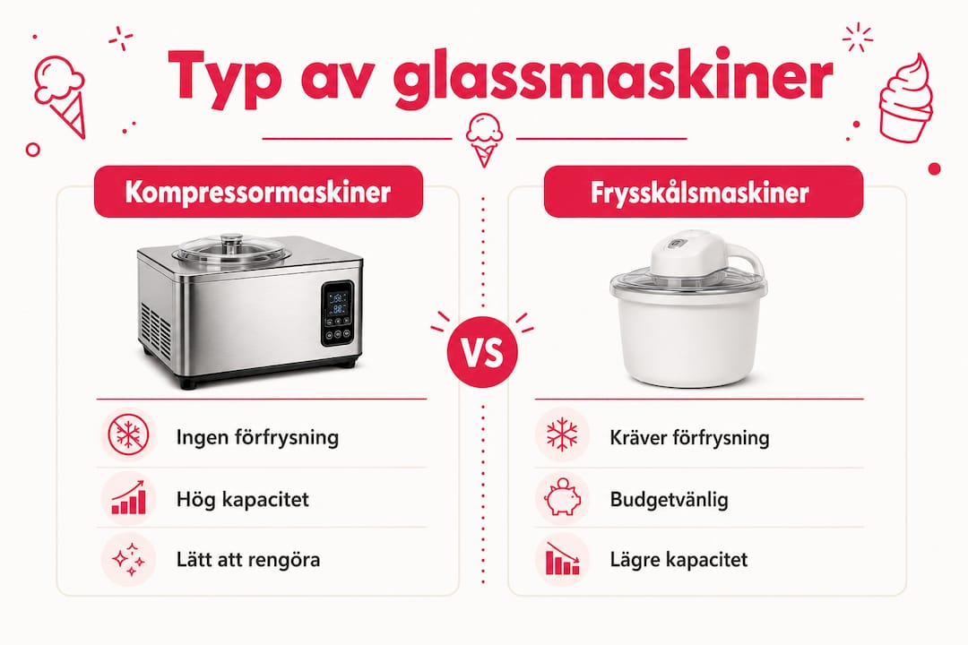 En överskådlig infografik som visar för- och nackdelar med olika typer av glassmaskiner för event och tillställningar.