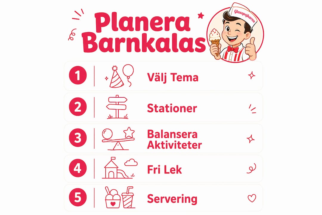 Grafik med tips på hur du planerar roliga stationer till barnkalaset