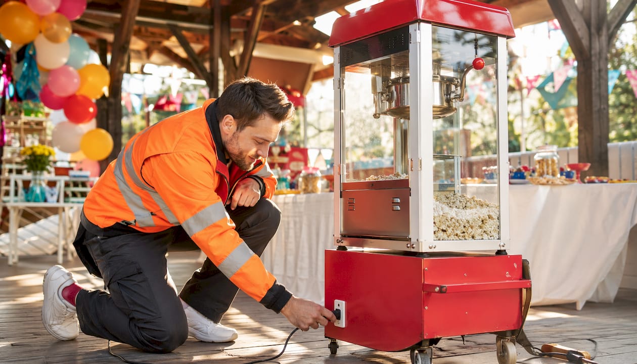 En tekniker installerar popcornmaskinen inför evenemanget på plats.