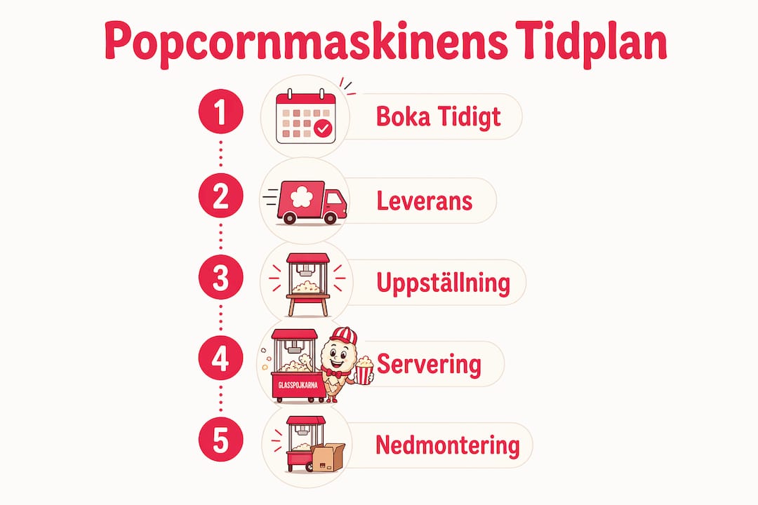 Illustration som visar de olika stegen för popcornmaskinen i projektets tidsplan