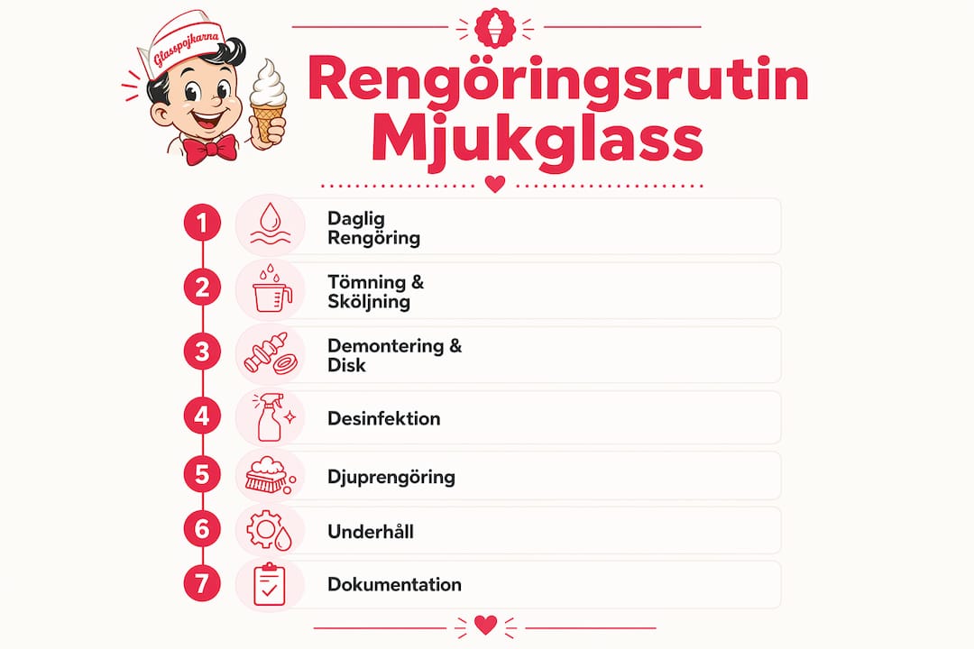 Så rengör du mjukglassmaskinen inför fest – steg för steg i infografik