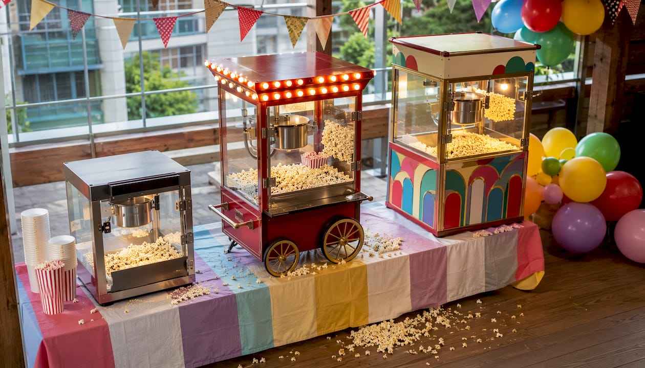 Tre olika sorters popcornmaskiner står uppradade på en vit bänk.