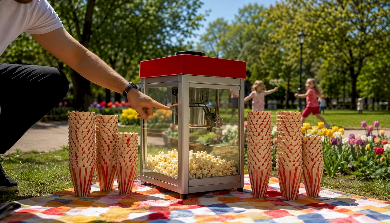 Ett par händer håller upp ett foto av en popcornmaskin.