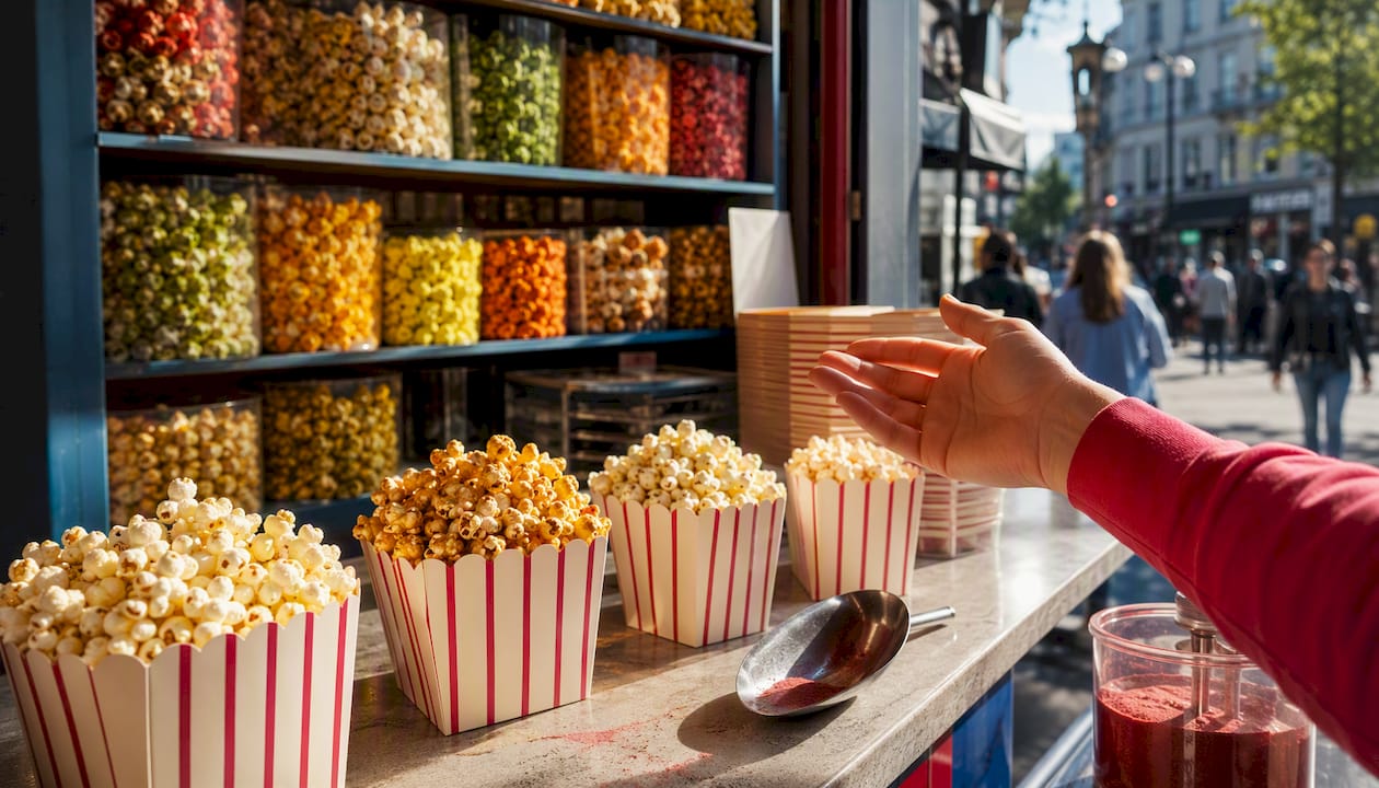 Popcornkiosk med olika kryddor att välja mellan