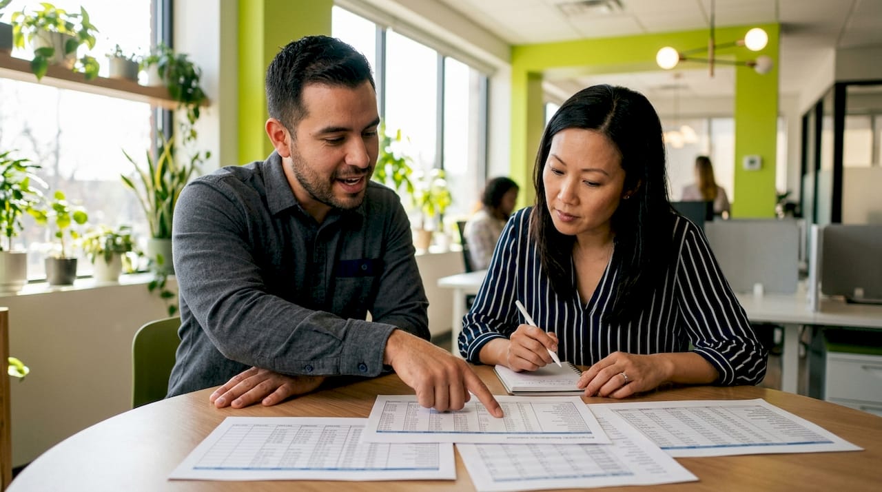 Two professionals collaborating on payroll data in meeting