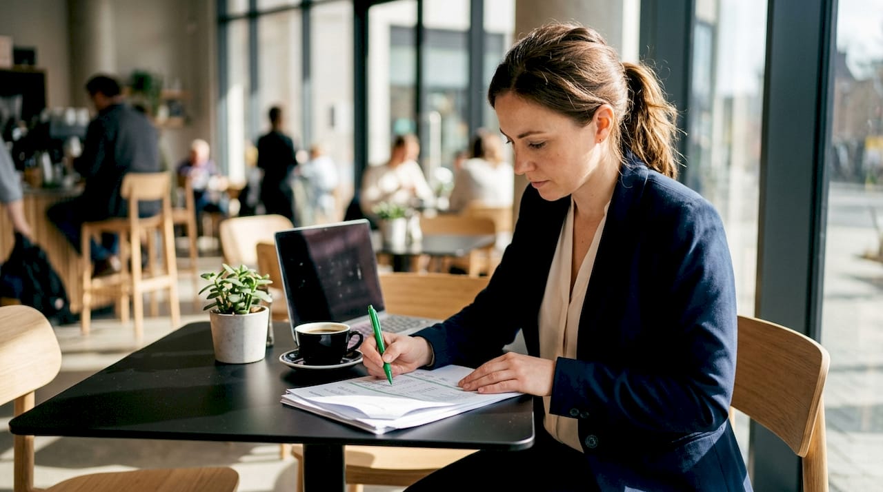 Payroll manager reviewing printed payroll reports