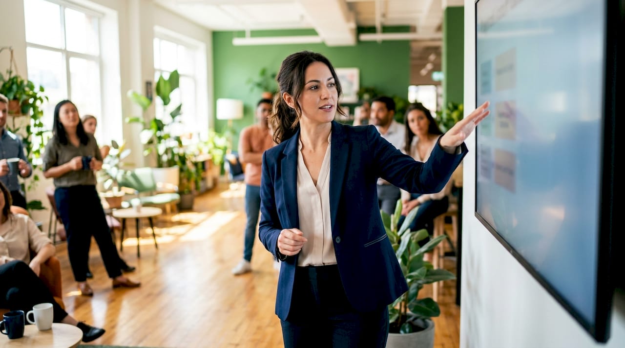 HR specialist explaining payroll cutoff dates on whiteboard