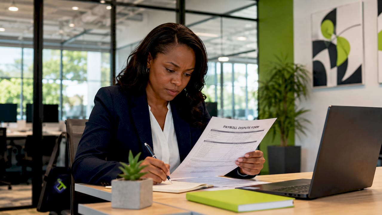 HR specialist reviewing payroll dispute form