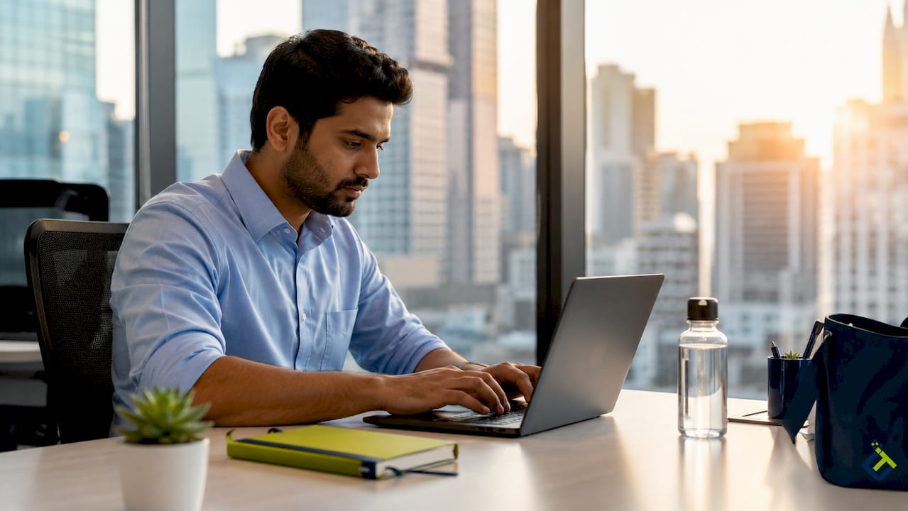 Payroll administrator typing in office cubicle