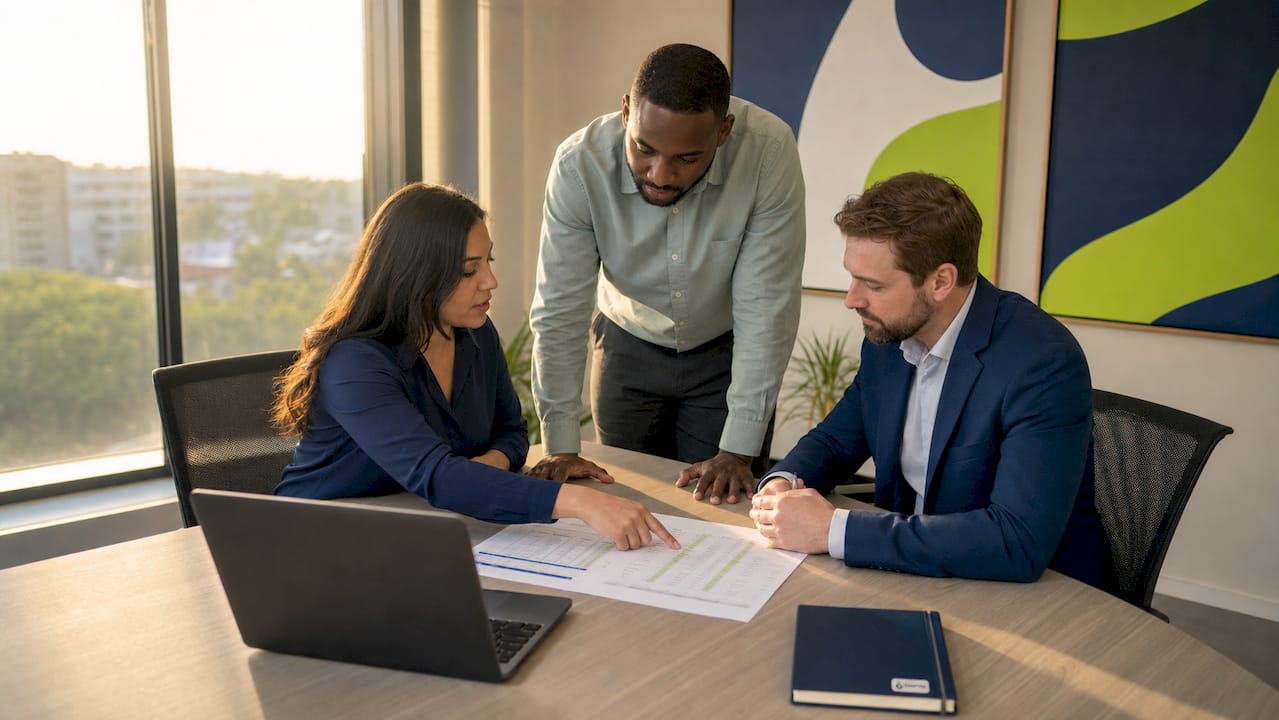 Diverse payroll team collaborating in meeting room