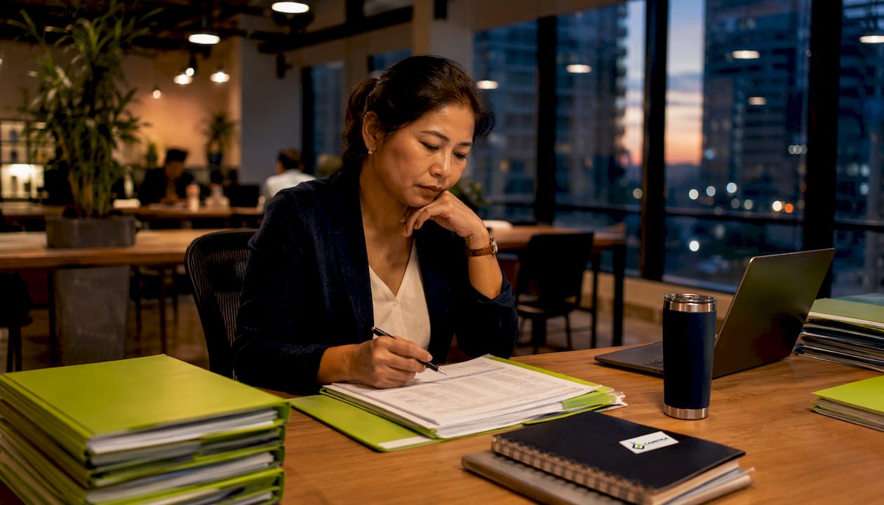 Payroll administrator showing fatigue under deadline pressure