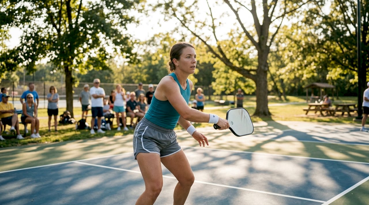 Female pickleball player's body alignment before shot