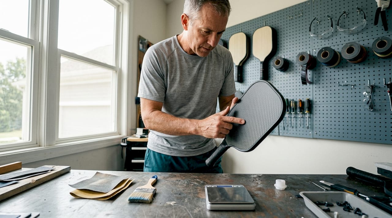 Man feeling carbon fiber weave texture on paddle