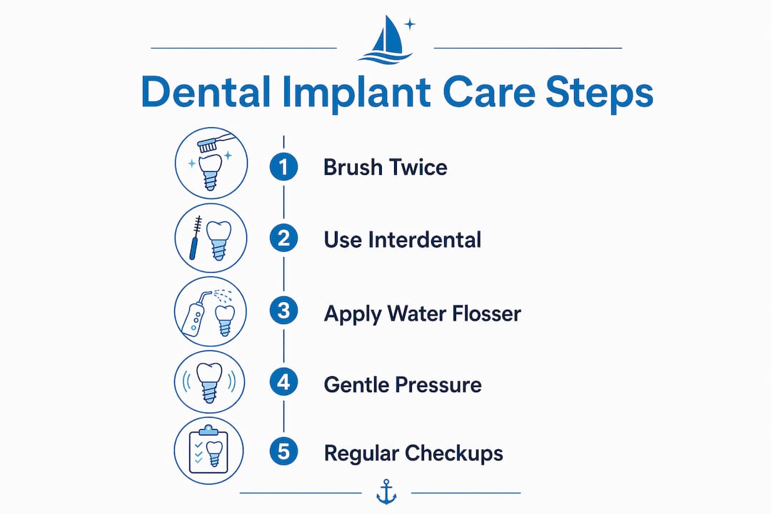 Infographic outlining dental implant care steps