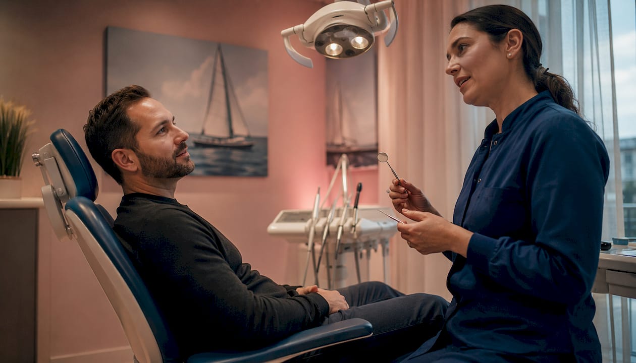Dentist explaining exam results to adult patient