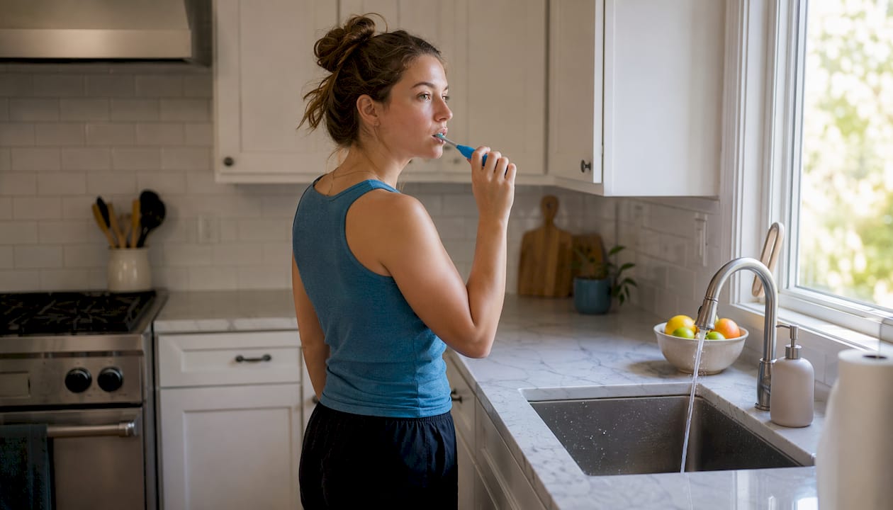 Woman brushing teeth at bathroom sink overhead view